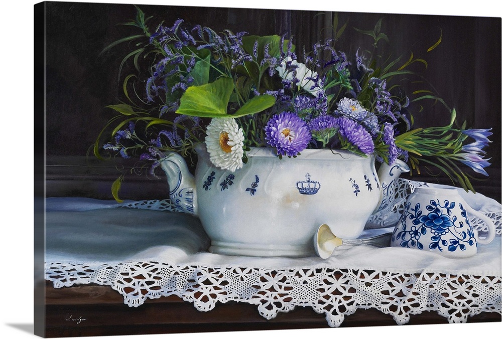 Contemporary still life painting of a short white vase holding purple flowers on a lace cloth.