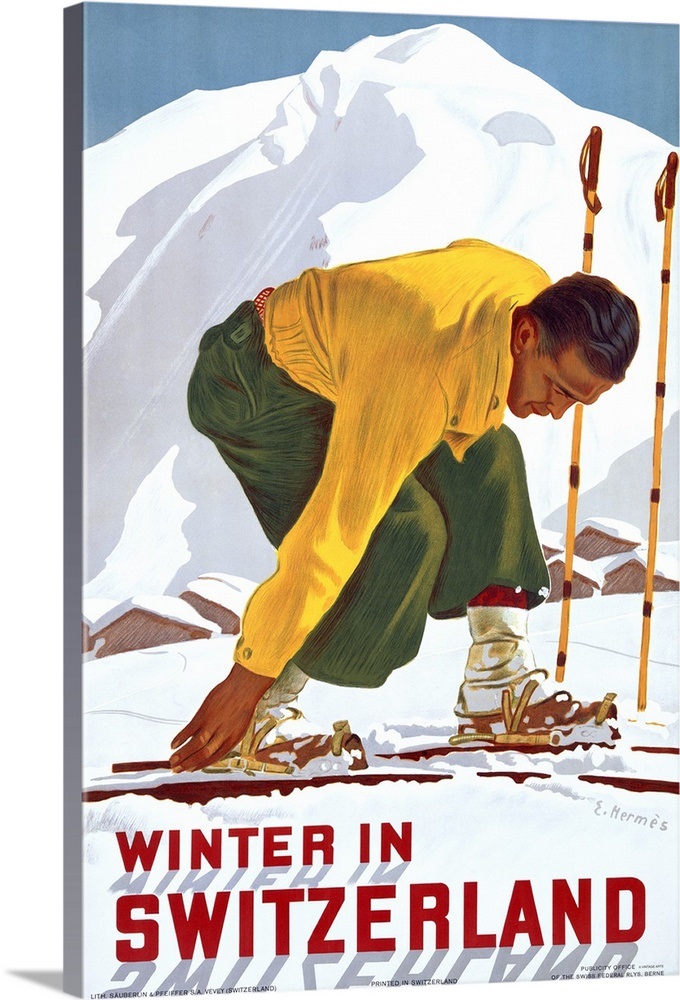 Winter in Switzerland,Vintage Poster, by Erich Hermes Wall Art, Canvas