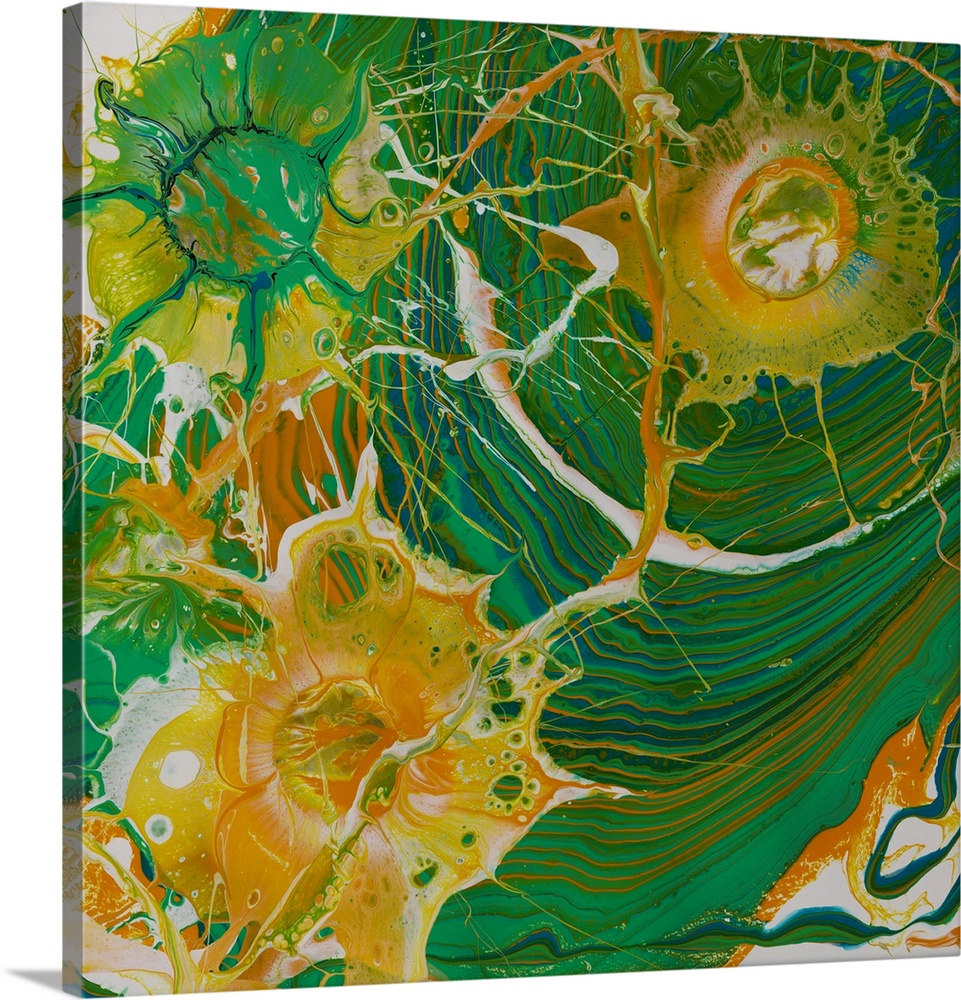 Abstract pour painting in green and orange with the rippled effect and flowing shapes.