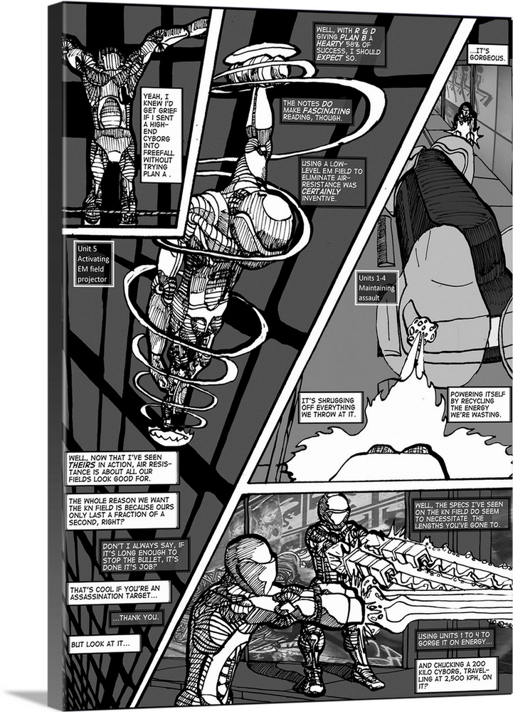 Cyberpunk comic page with robots in a futuristic urban setting.