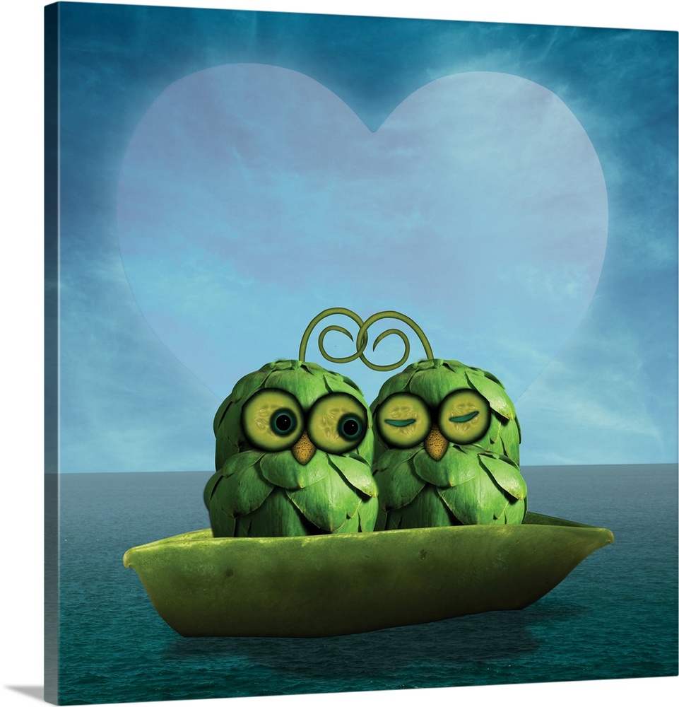 Two cute owls in a boat on the ocean, in love with each other and enjoying being together.