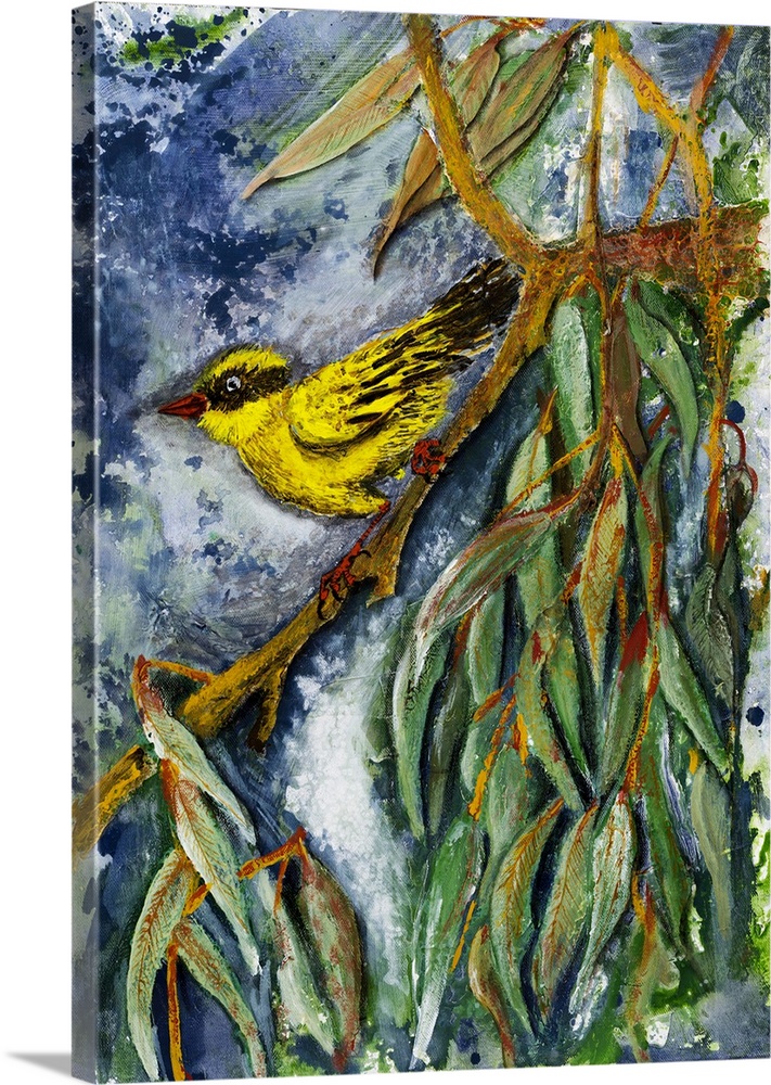 Painting of a yellow bird with a red beak and a matching pair of red legs, taking a quick break on the branch.