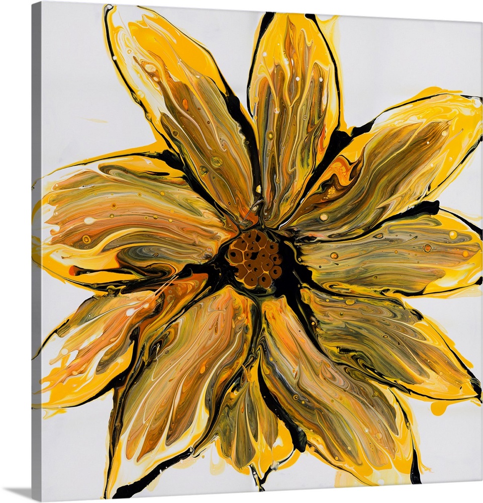 Pour painting of a vibrant flower using yellow, black and orange paint to form a subtle flowing pattern inside the contras...