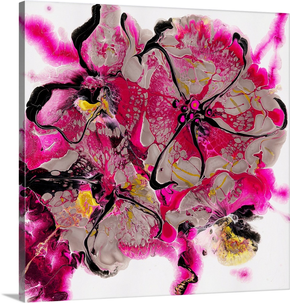 Pour painting of an intense cherry bloom in highly-saturated pink that melts away at the edges, capturing its transience.