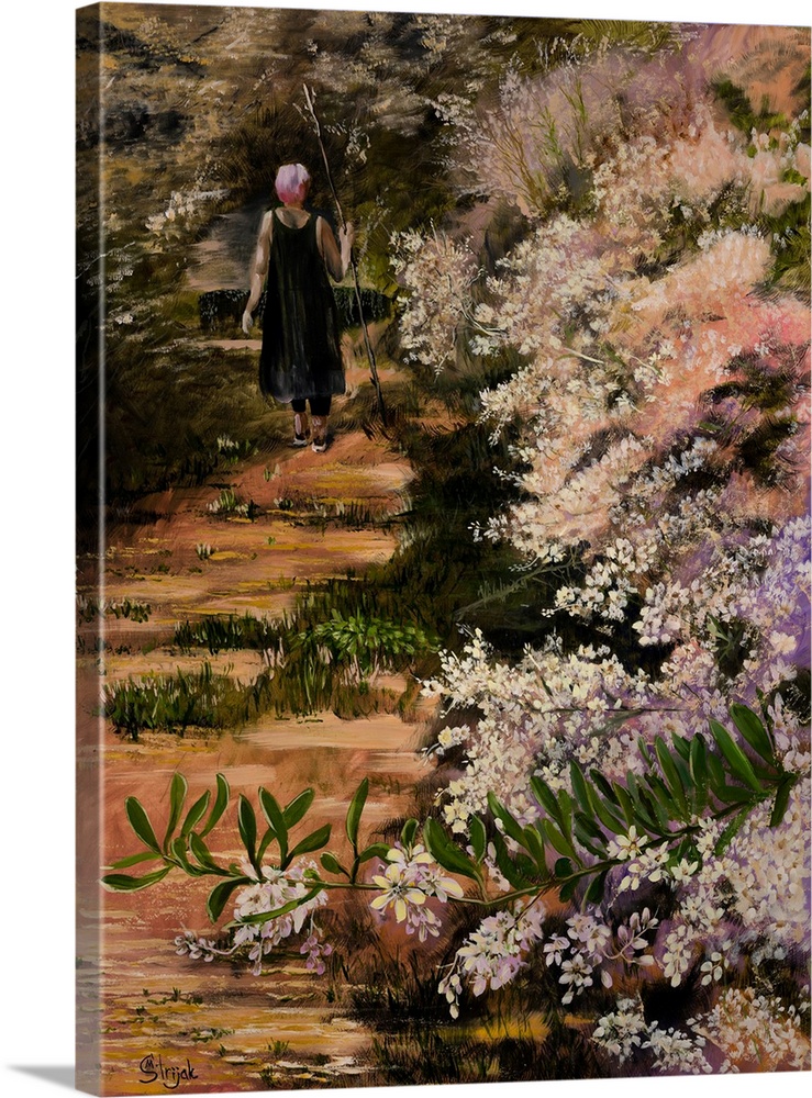 Painting of a walking trail, lined with bushes and plentiful delicate flowers in a pastel color scheme.