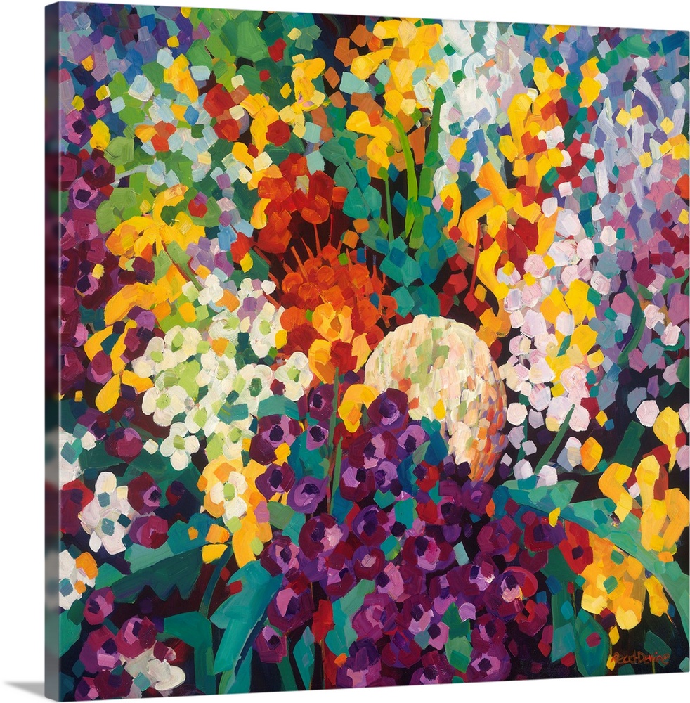 Contemporary painting of flowers in a floral arrangement using square brushstrokes of many colors.
