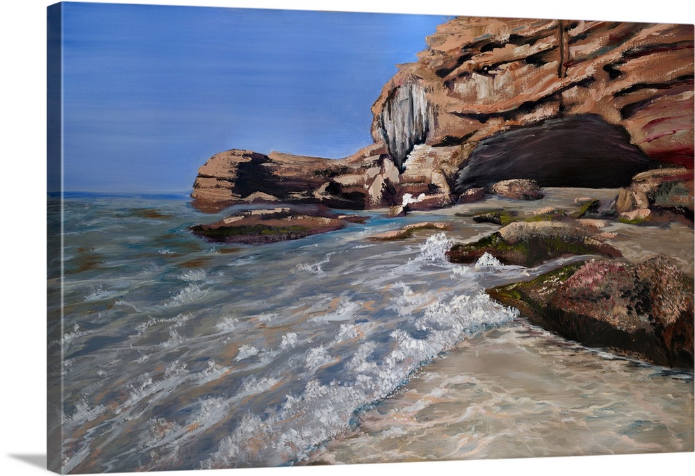 Painting of the caves beach in subdued colors painted to perpetuate the artist's fond memories of the area.