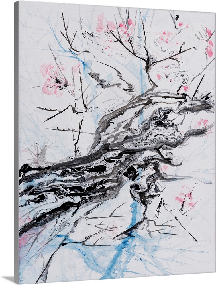 Painting of impressionistic branches with cherry bloom in a pastel color palette with translucent pours of paint and delic...