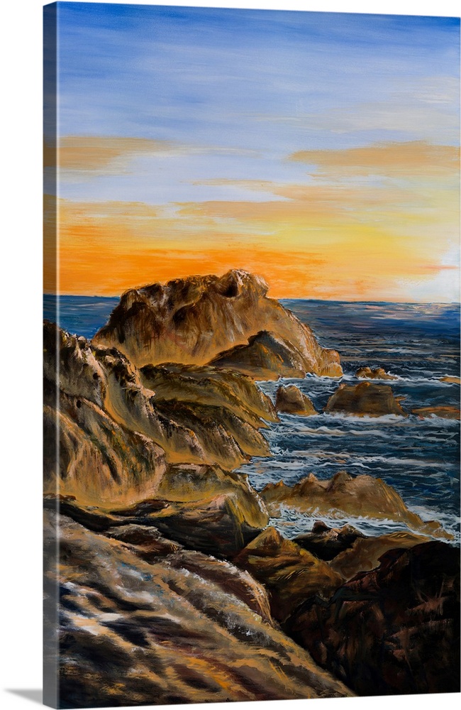 Painting of Coffs harbour beach at sunrise using bright colors and balanced composition to create the feeling of joy.