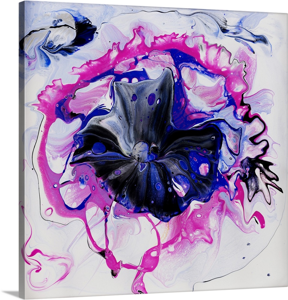 Pour painting of a flower in vibrant pink and blue colors on a white, ample background for added depth.