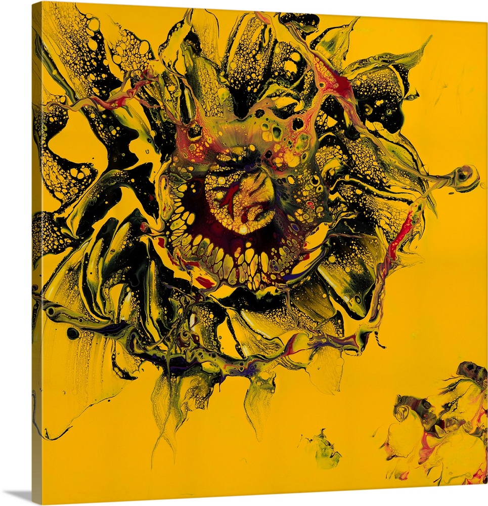 Pour painting of an abstract flower with half-transparent smudges of paint as petals on a bright yellow background.