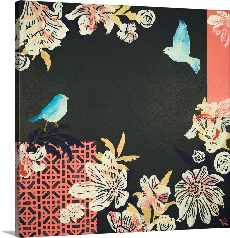 Painting of two birds in hibiscus garden with navy background and salmon screens.