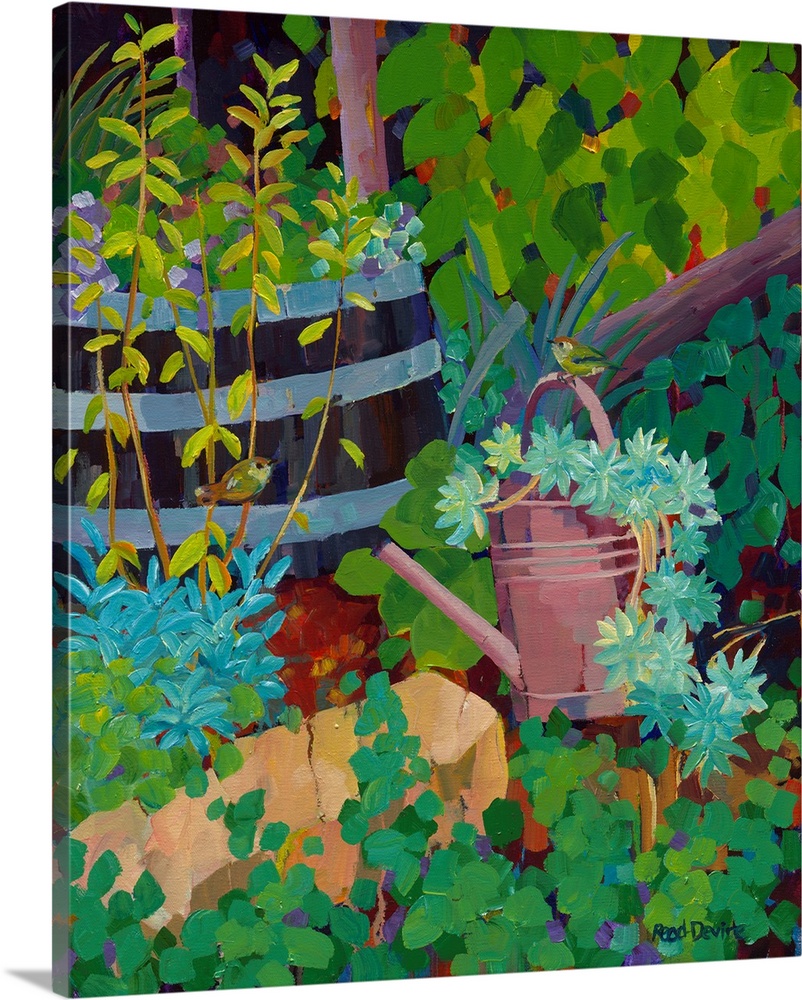 Painting of two little brown birds in a garden with succulents planted in a watering can and a barrel.