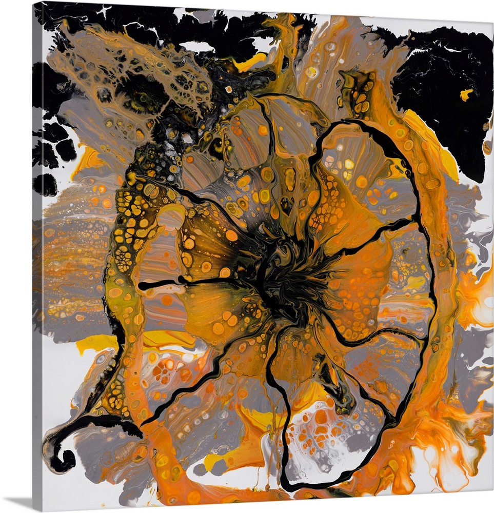 Pour painting of a cowslip flower in orange and black colors on a background of primarily gray.