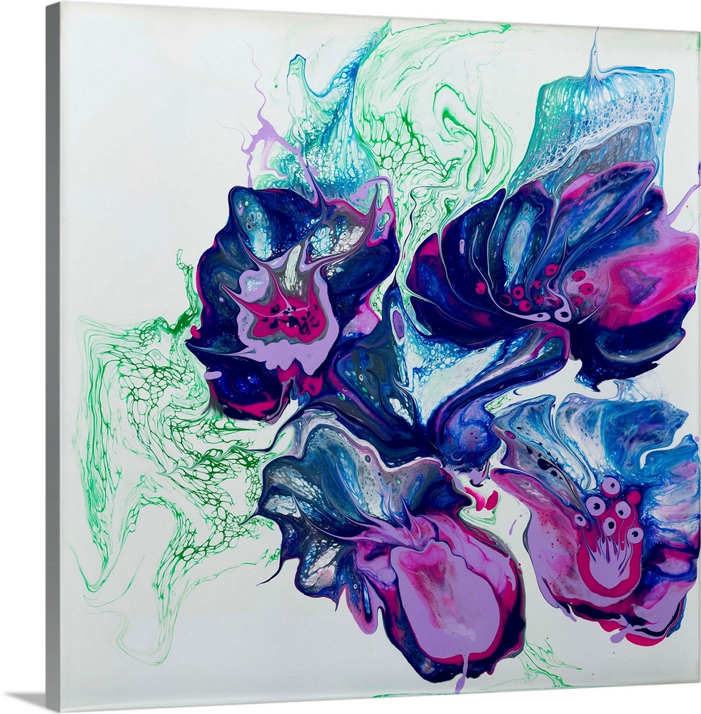 Pour painting of abstract flowers with blue, purple and green colors on a white background for contrast.