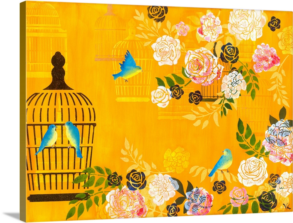Painting of birds flying out of cage into a garden of roses against yellow background.