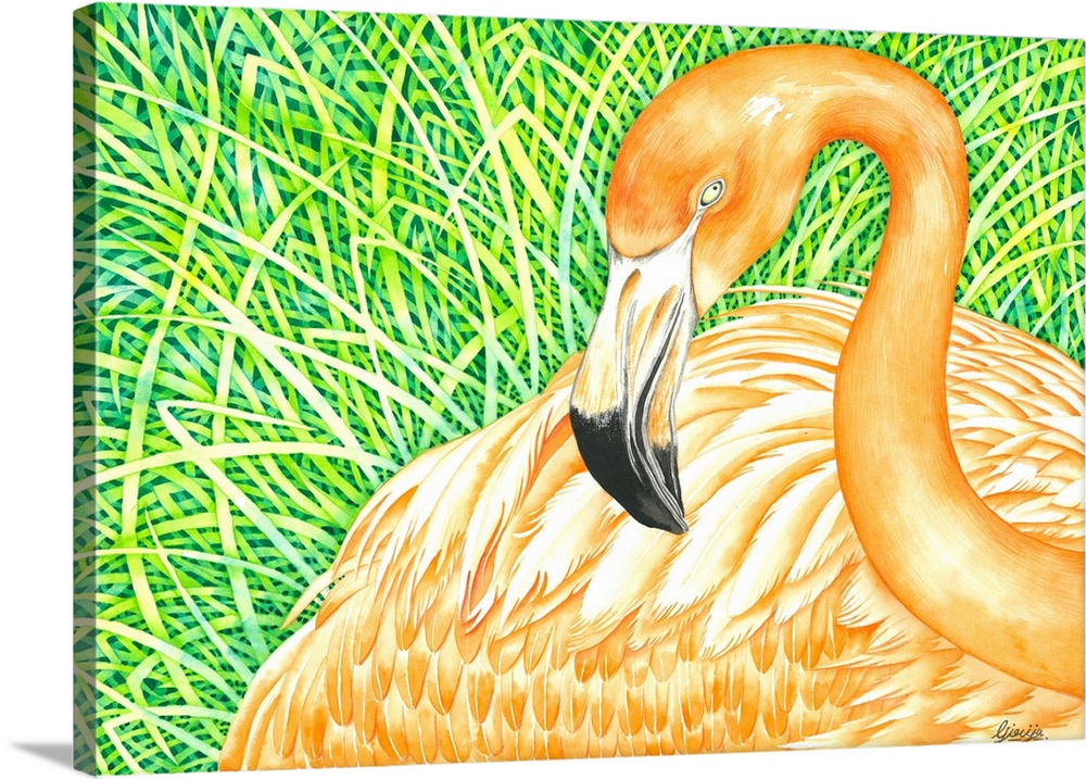 Orange flamingo bird is resting on the grass, tried to capture the summer colors in watercolor on paper.