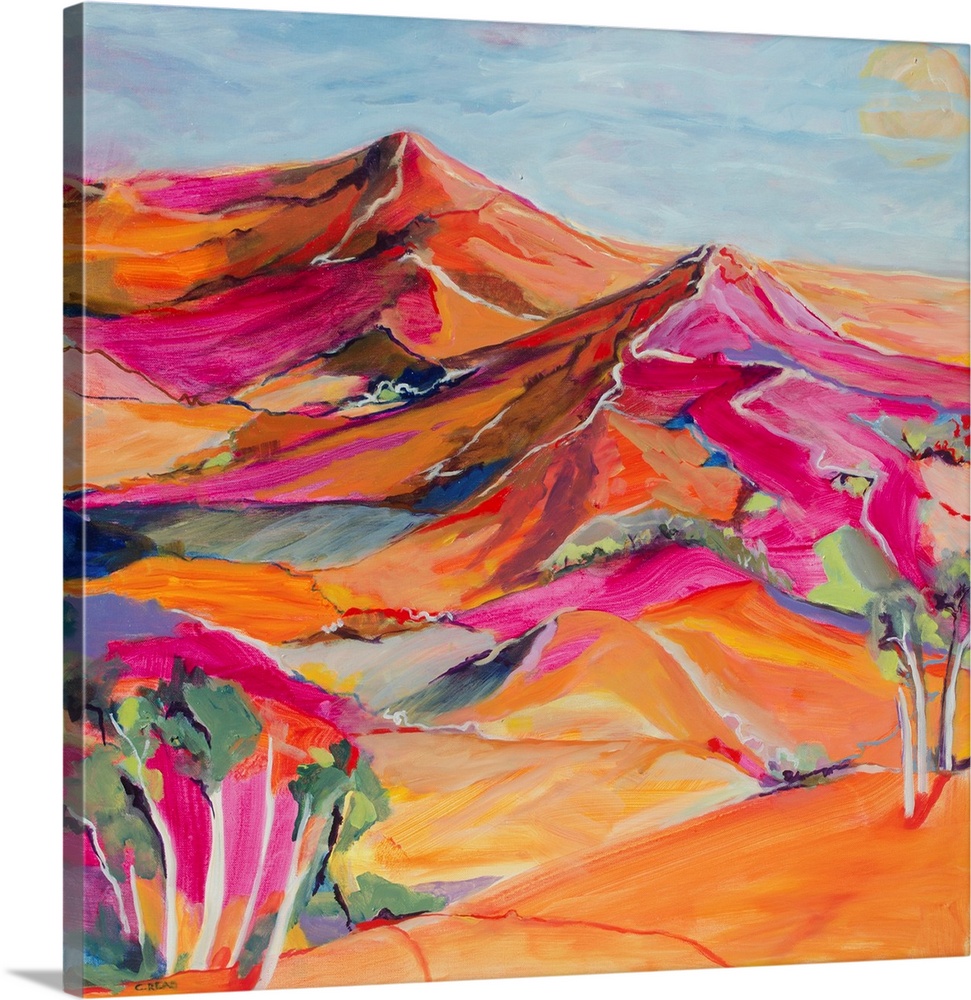 A painting of the outback in bright reds and pinks.