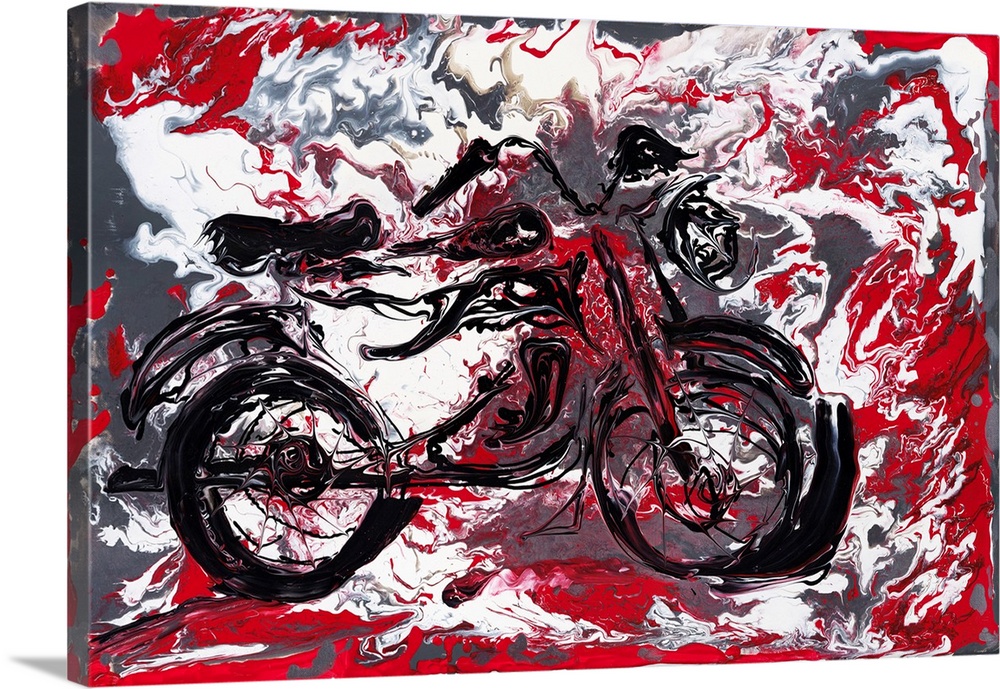 Pour painting of a motorcycle engulfed in a scarlet fire capturing the vehicle's cult status and sense of dangerous power.