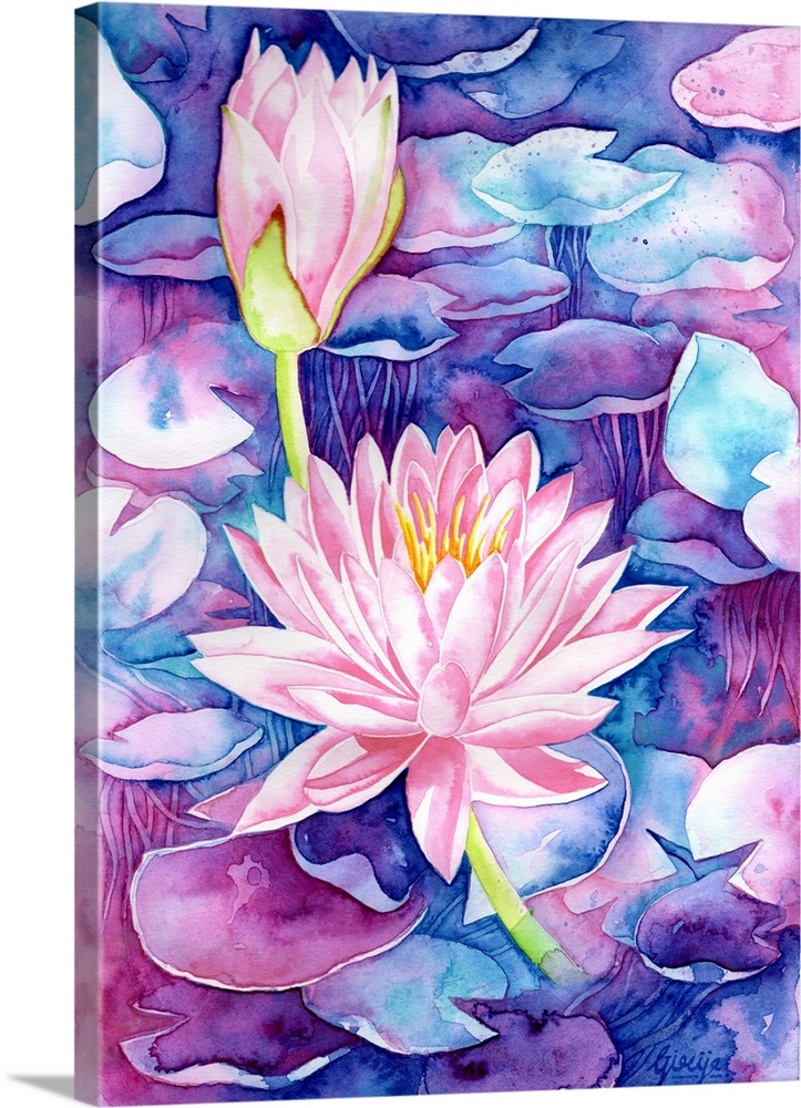 A bright pink water lily is floating on a dreamy blue and velvety purple water, painted in watercolor on paper.
