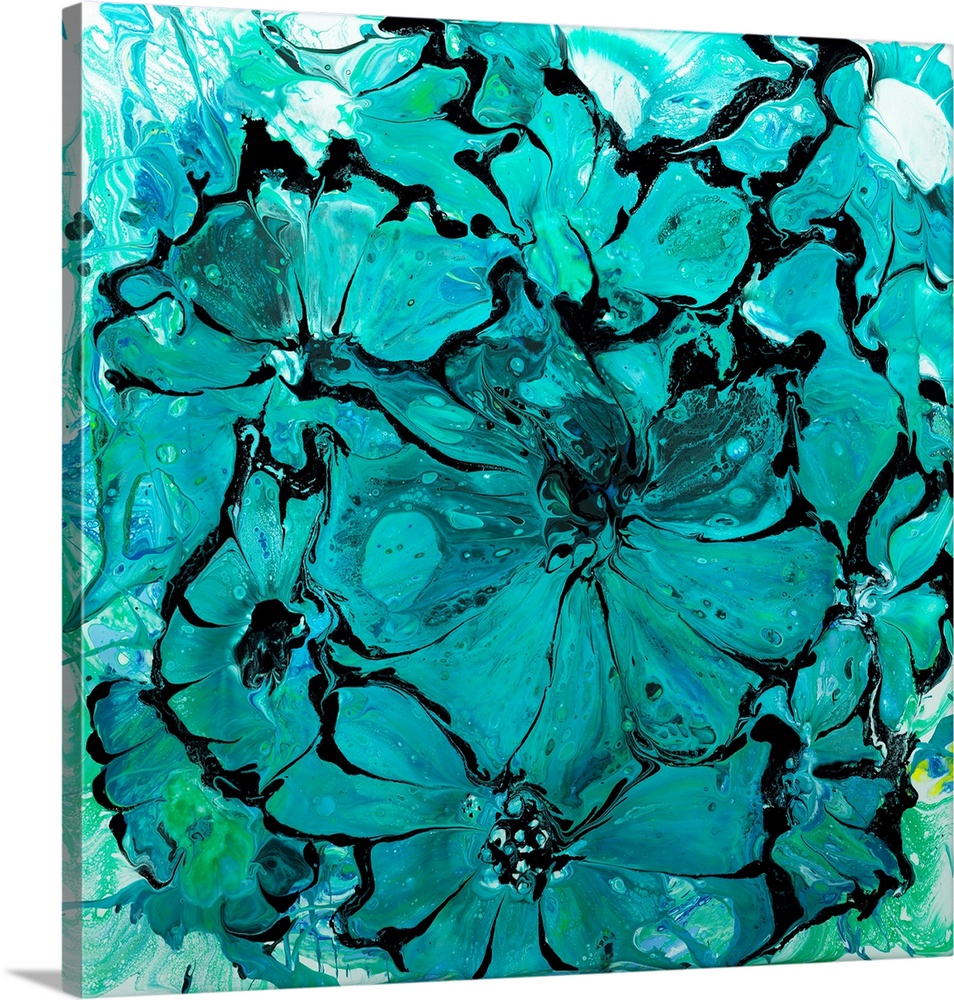 Pour painting of flowers in bright turquoise colors with flowing patterns.