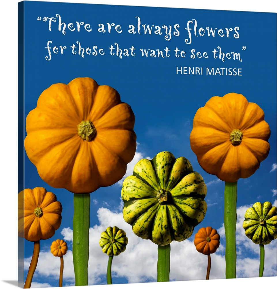 There are always flowers for those that want to see them. Sunflowers made from pumpkins against a blue sky.