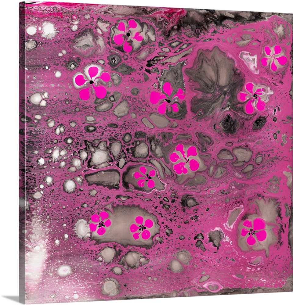 Abstract pour painting of cherry bloom using saturated pink for flowers at the front and subdued color palette on a backgr...
