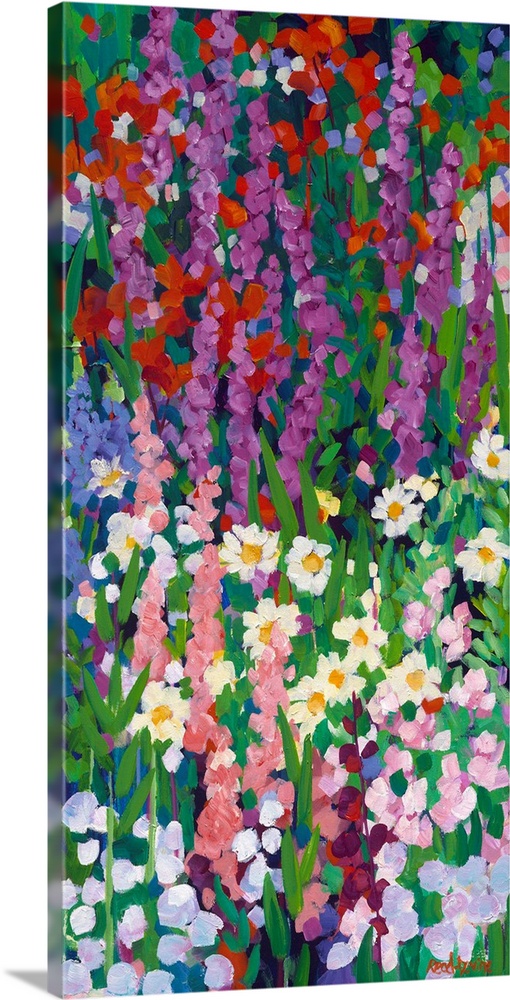 Tall narrow painting of flowers in a garden with daisies and red and purple spired blooms.