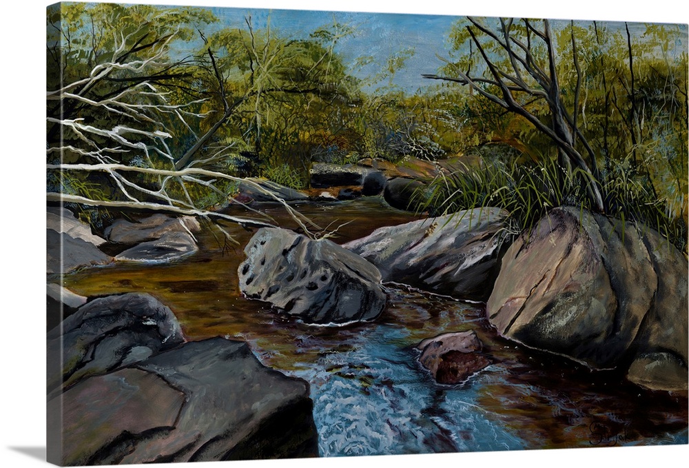 Painting of the Georges river in spring, showing the beautiful deep colors of the water flow and plants.