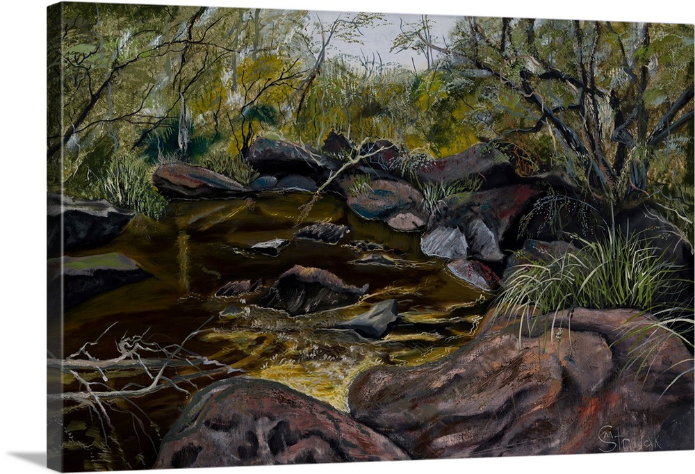 Painting of the Georges river in summer, showing little water due to a lack of rains and surrounded with yellow bushes.