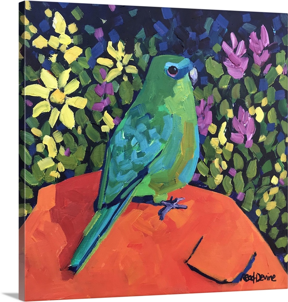 NaAve painting of green parrot sitting on an orange rock with a background of flowers.