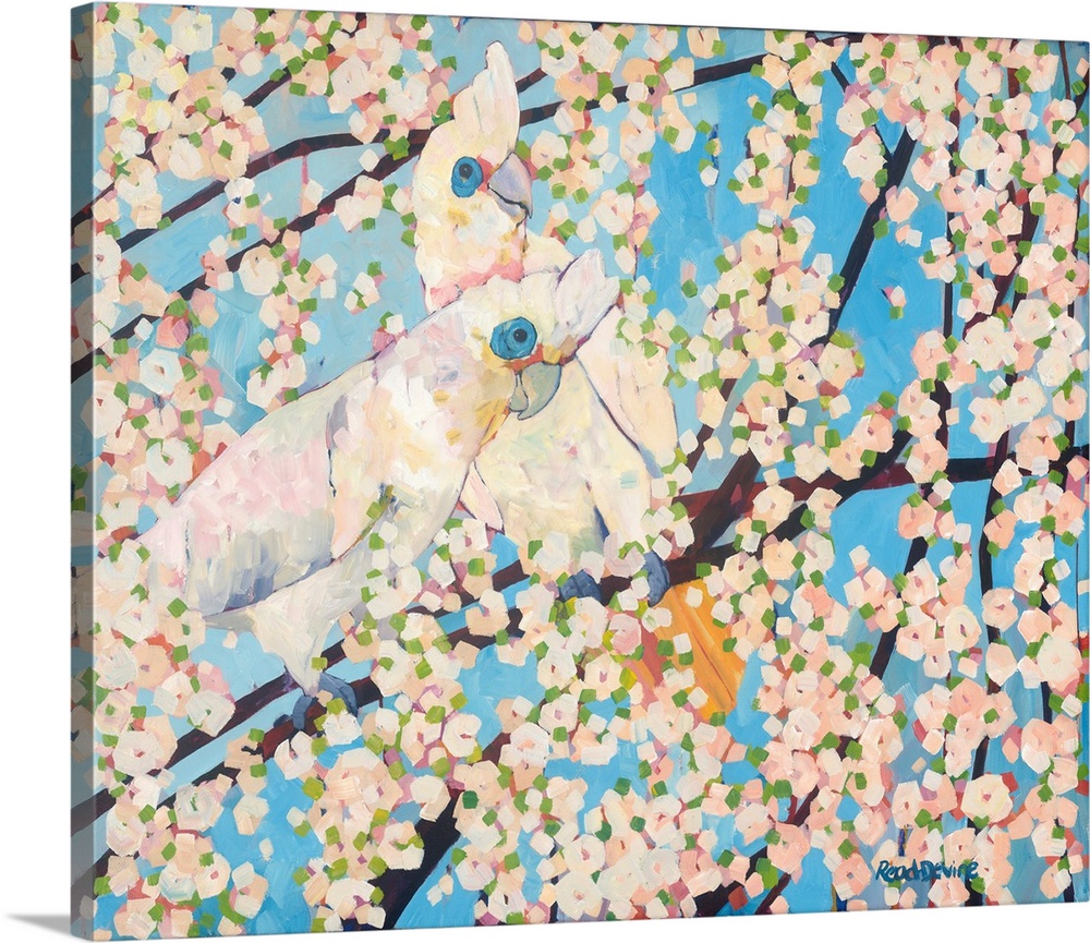 Impressionist painting of two white cockatoos sitting in a tree with white blossom and a background of blue sky.