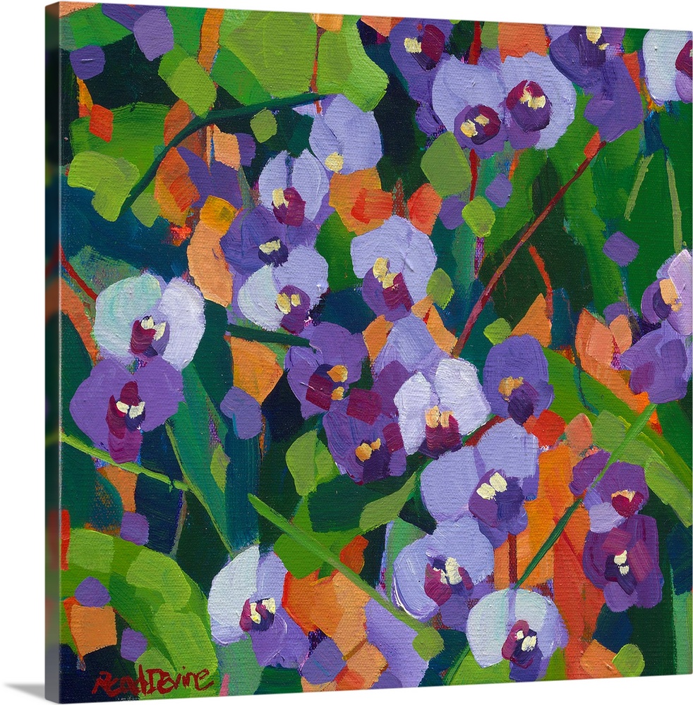 Pattern like painting of purple wildflowers with orange background.