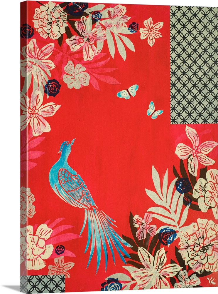 Painting of pheasant and two butterflies in peony garden, with screens and red background.
