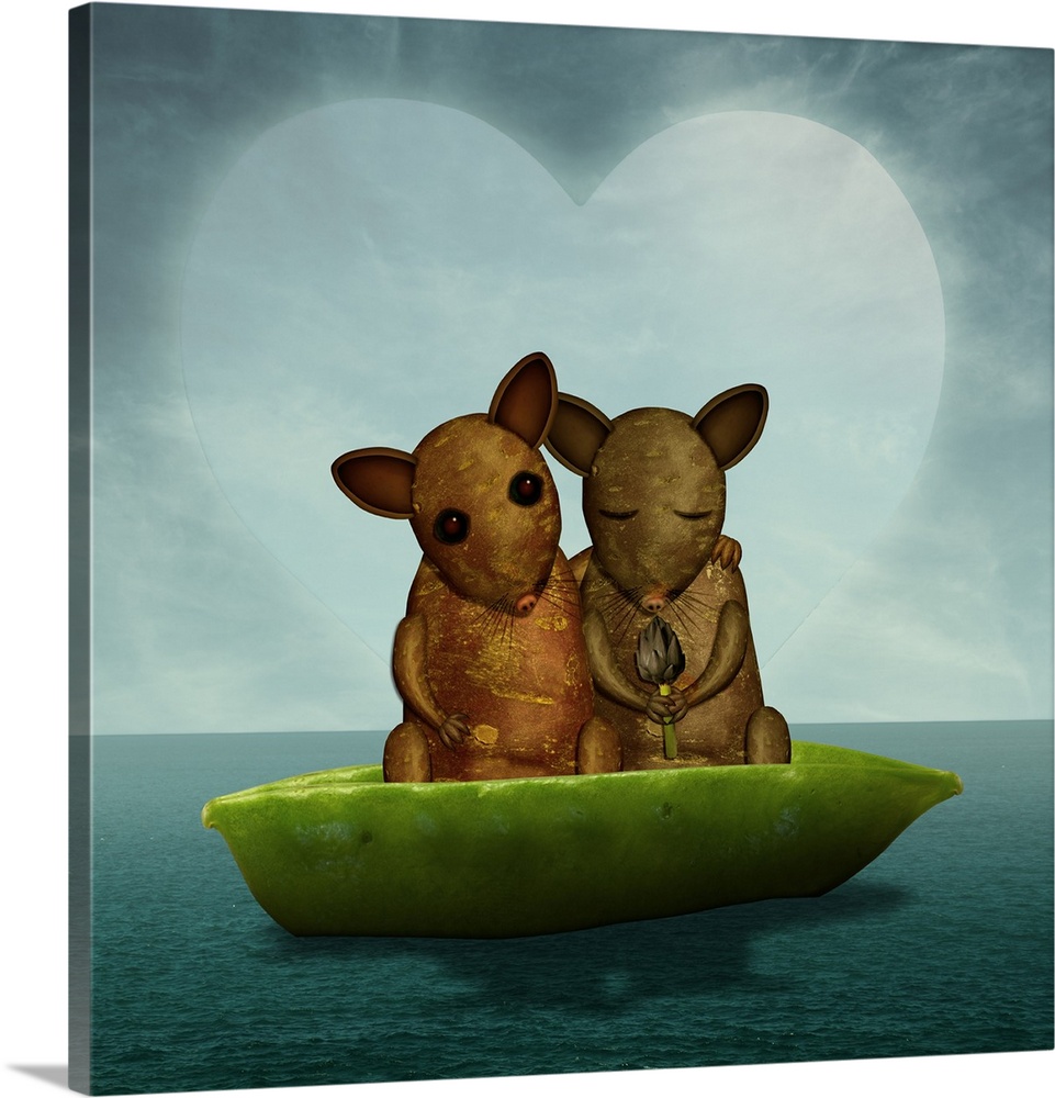 Two cute mice in a boat on the ocean, in love with each other and enjoying being together.