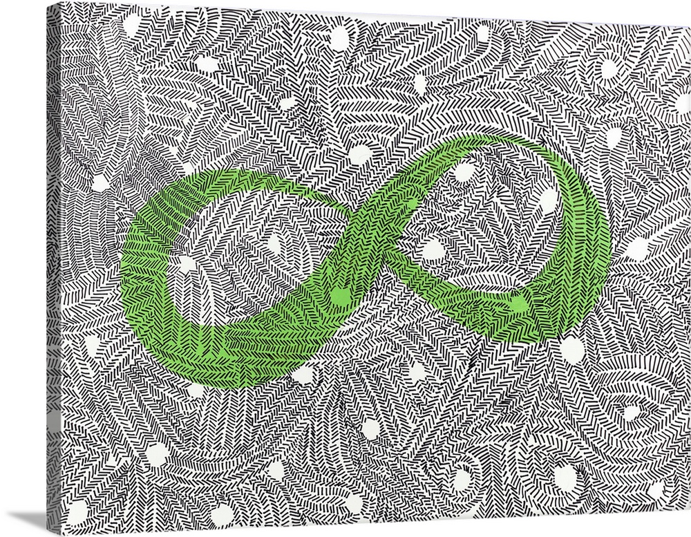 A green infinity symbol burried in a sea of abstract patterns.