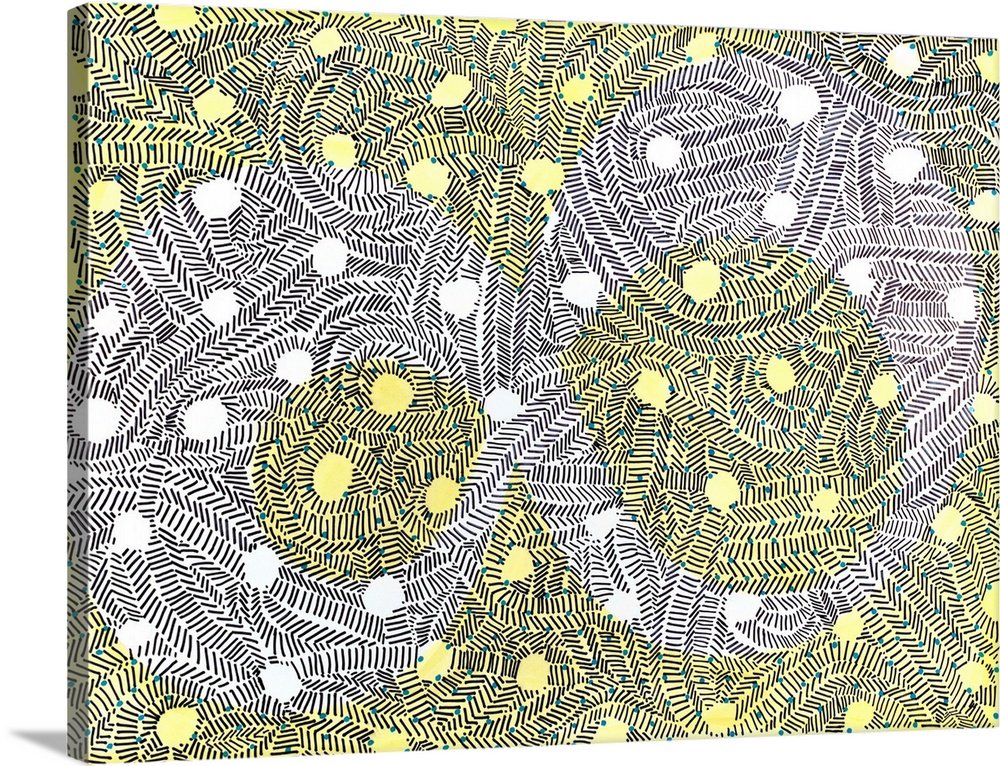 An infinity symbol burried in a sea of abstract patterns in a yellow background.