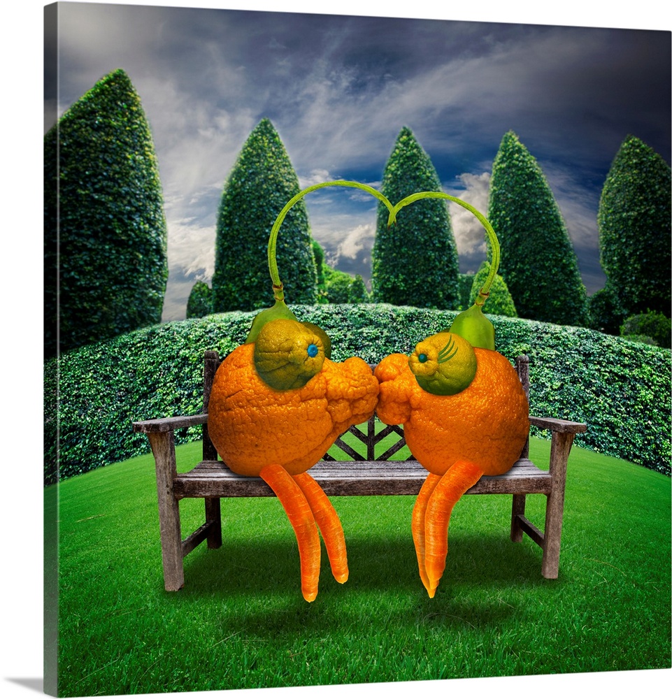 Two orange creatures made from mandarins kissing in the park.