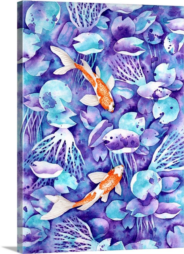 Two little orange koi fish are painted on watery blue and purple background in watercolor on paper.