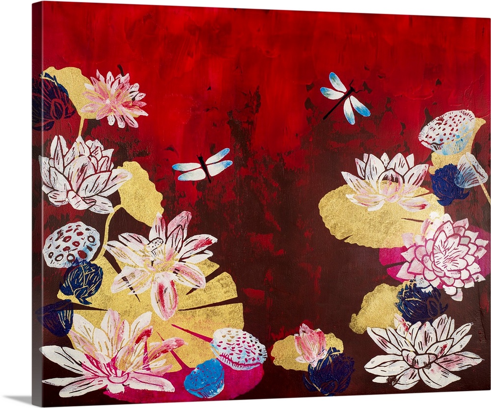 Painting of two dragonflies in pond with lotus flowers and pods with crimson background.