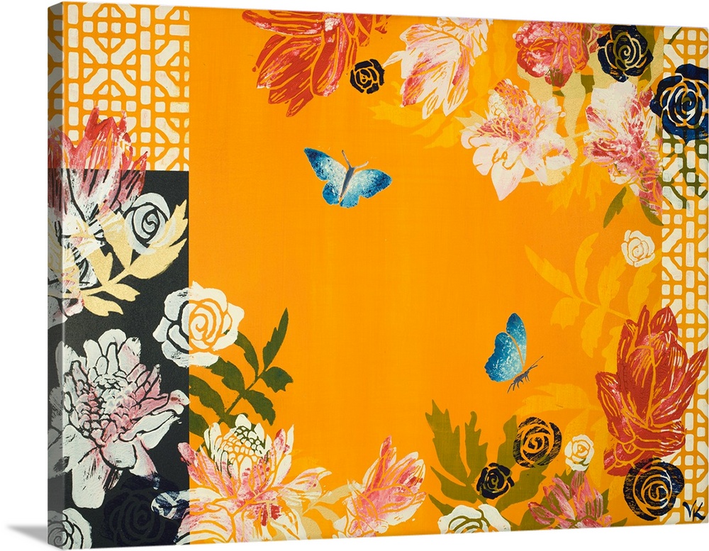 Painting of two butterflies in garden of ginger flowers with yellow background and navy and yellow screens.