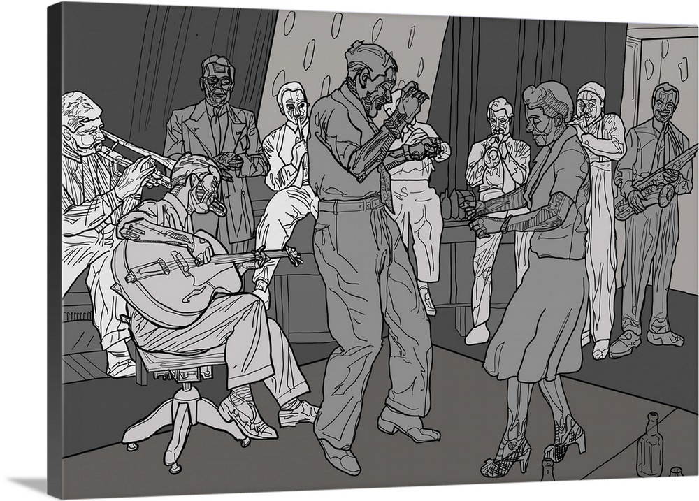 Illustration of 1930's human and robotic jazz dancers and band.
