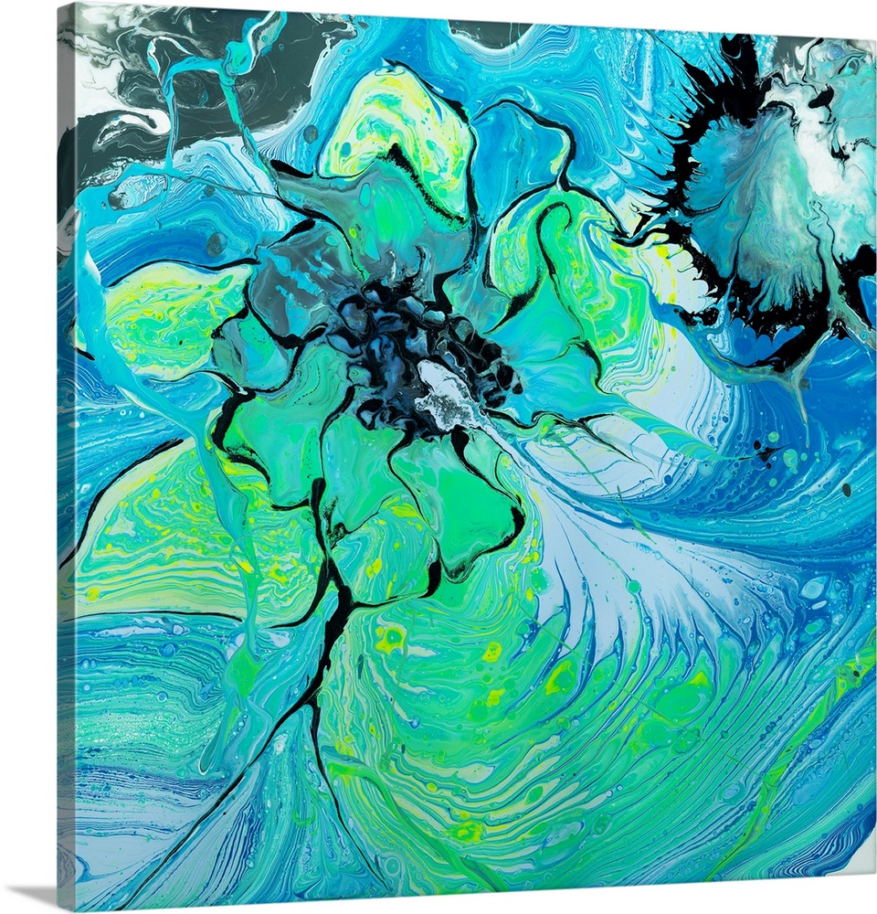 Abstract painting in pouring technique using consecutive layers of blue and green paint to create a soothing rippled pattern.