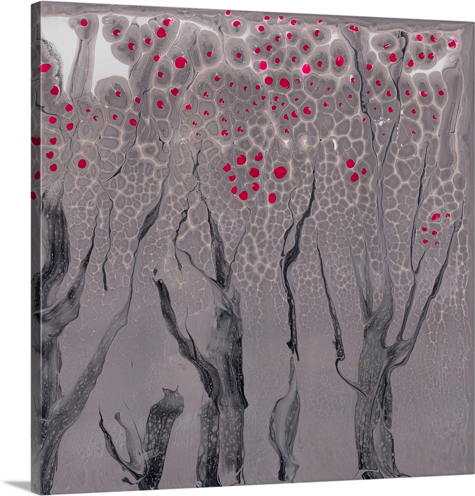 Abstract pour painting of trees with gloomy gray-beige background and hot pinks of cherry bloom for contrast.