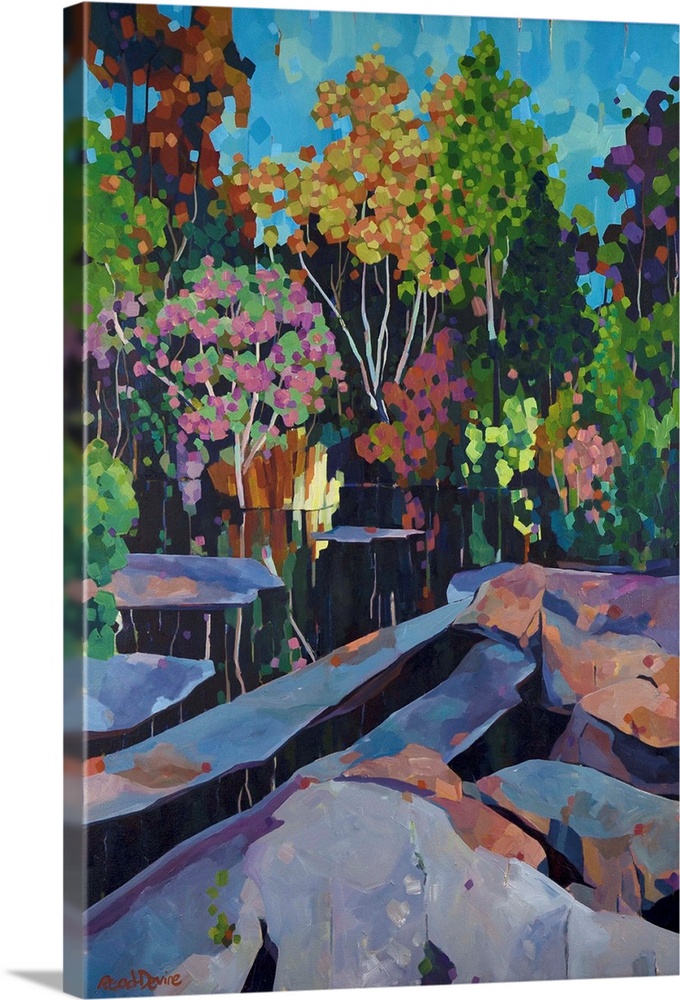 Painting of many colored trees with still water, reflections and rocks.