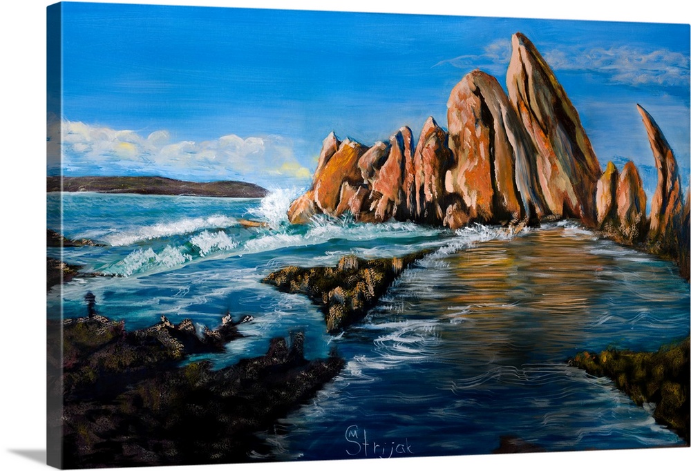 Painting of the monumental formations of red rocks at the Broulee beach, basking in the soft light of an early sunrise.
