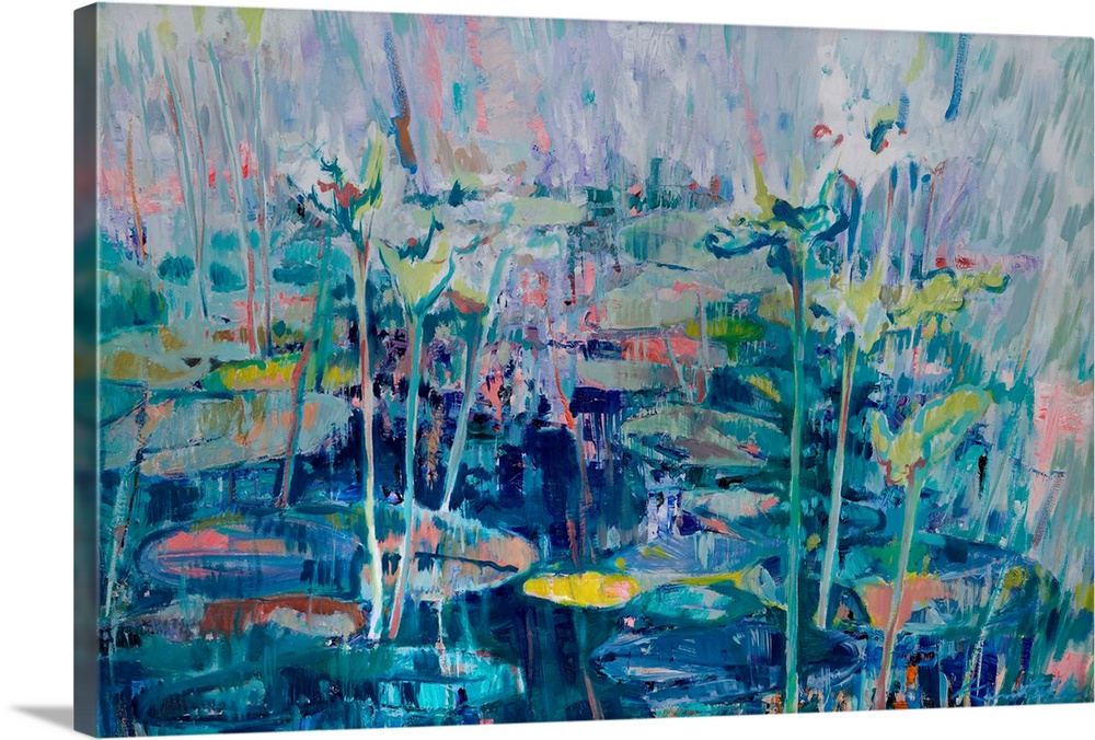 An abstract of waterlilies in a small pond, partly in shade and under the bright morning light.