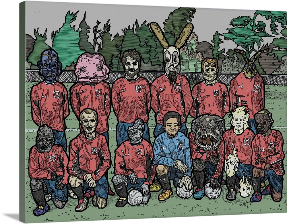 Illustration of a soccer team made of humans and fantasy creatures.