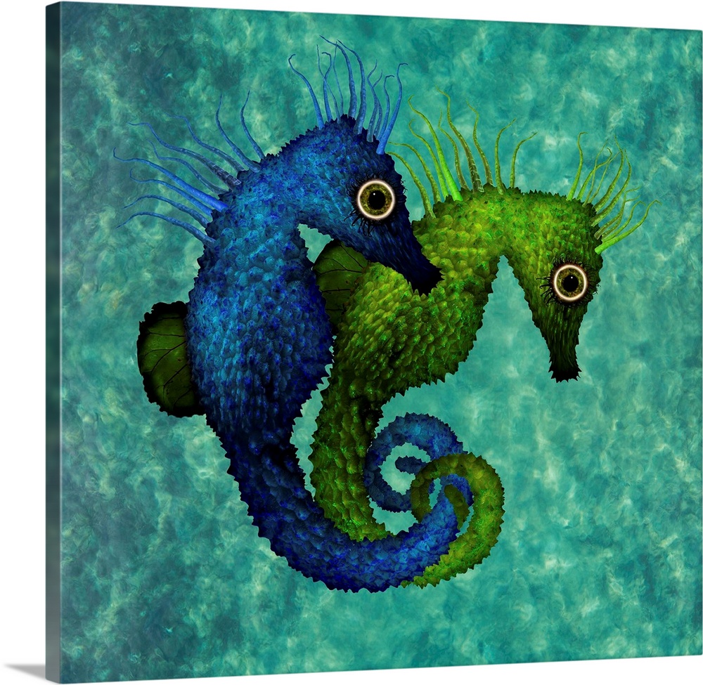 These two beautiful seahorses live together in the beautiful blue ocean.