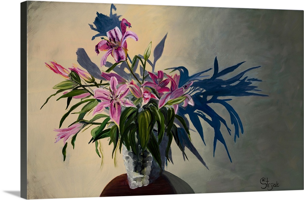 Painting of a bouquet of pink lilies with bulky leaves in a glass vase, throwing a shadow on the wall behind.